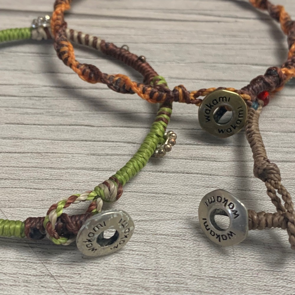 Wakami Set of 3 Woven Macrame Beaded Bracelets Boho Stackable Brown Green Orange - Picture 4 of 6